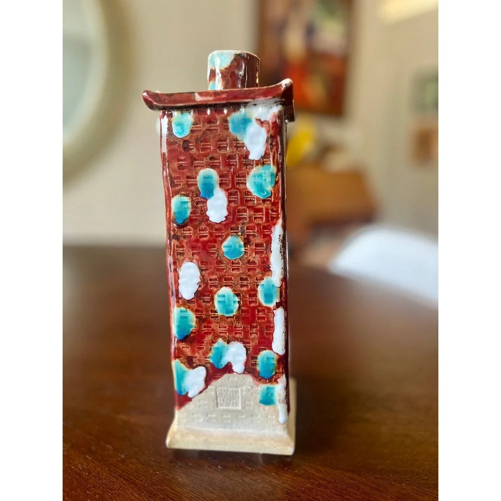 Signed Studio Pottery Artisan Ceramic Sake Sculptural Bottle Red Blue 2012